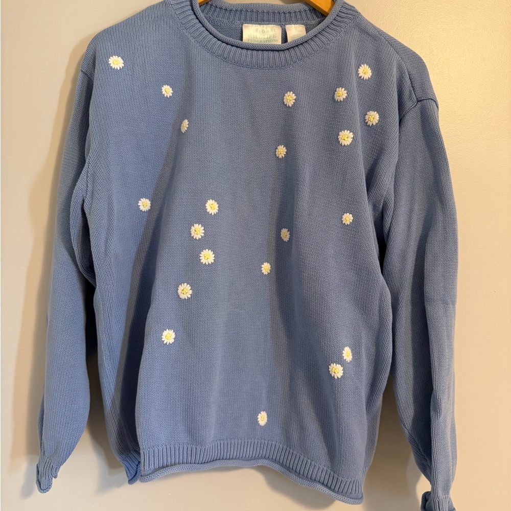 Blue Cotton Roll Neck Sweater w/ Embroidered Daisies S/M